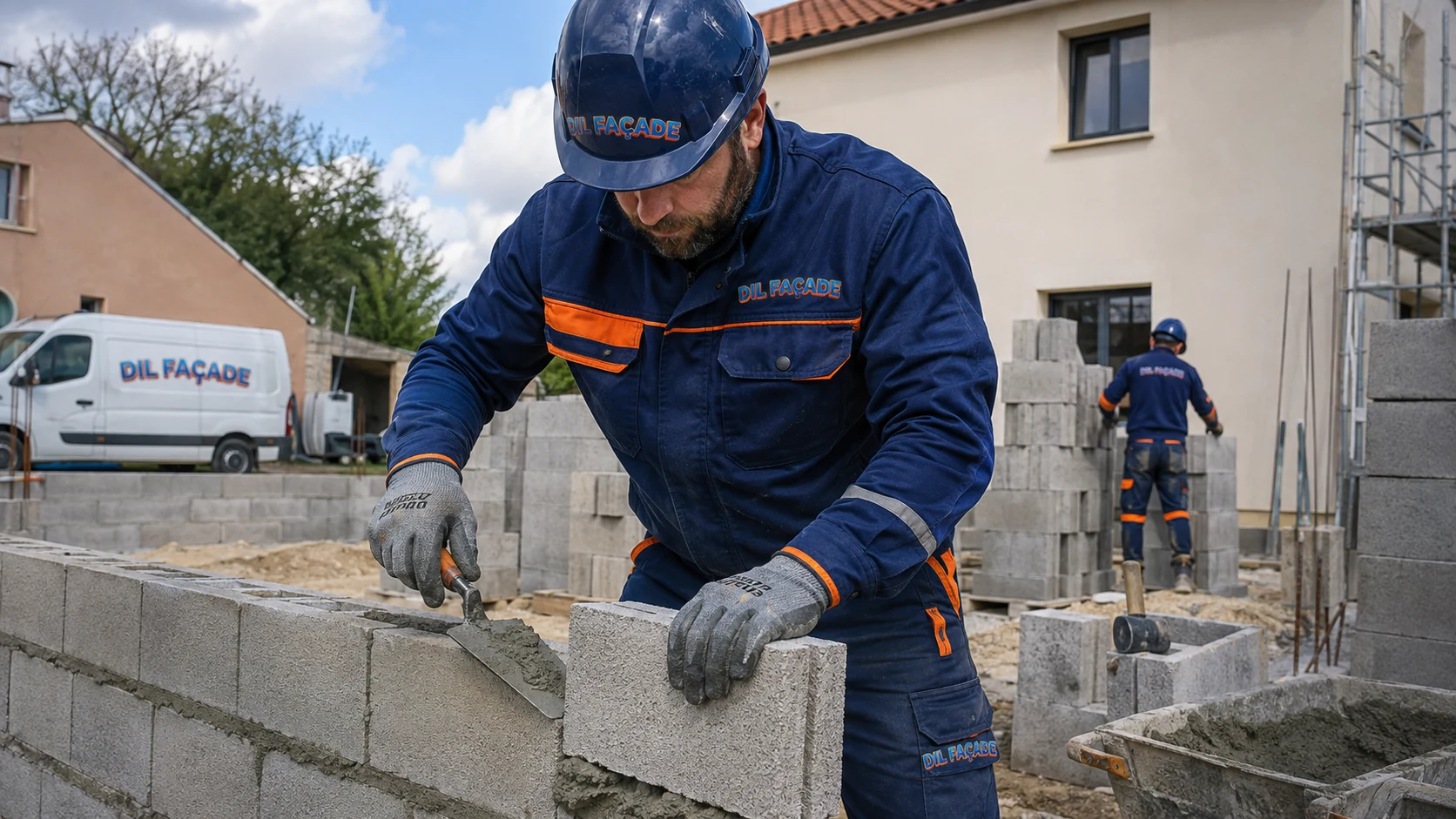 Maçon DIL FAÇADE construisant un mur sur un chantier résidentiel