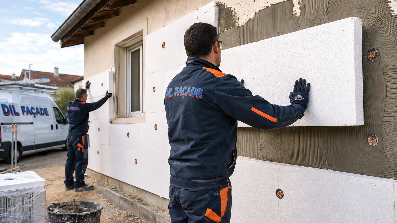 Artisan DIL FAÇADE posant des panneaux d’isolation thermique extérieure